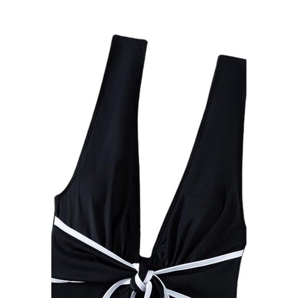 Hilinker‎ Womens S One Piece Bathing Swim Suit Front Tie Bow Black Deep V Neck - Picture 5 of 8